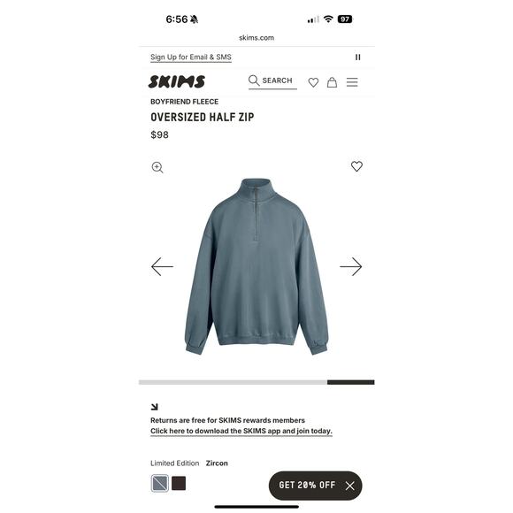 Skims Boyfriend Fleece Half Zip Pullover Size Small Zircon - Picture 2 of 4